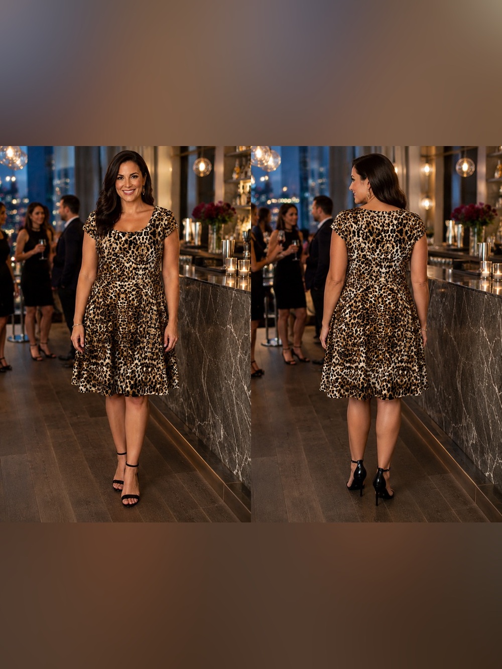Leopard Print Skater Style Short Sleeve Dress - Picture 4 of 12